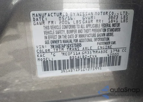 2016 Nissan Sentra Sv z USA, uszkodzony, nr VIN 3N1AB7AP1GY275995